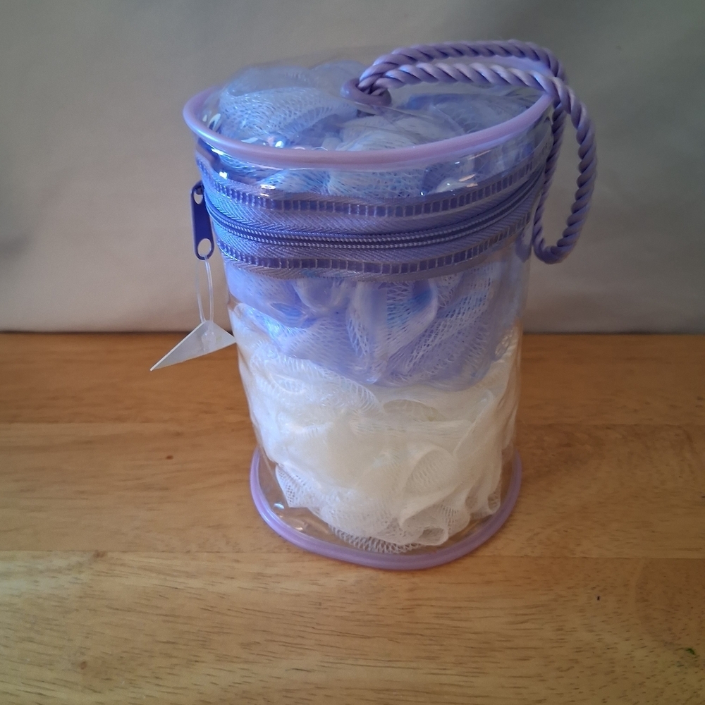 Lavender & White Bath Pouf Set with Carry Case - Picture 3 of 4